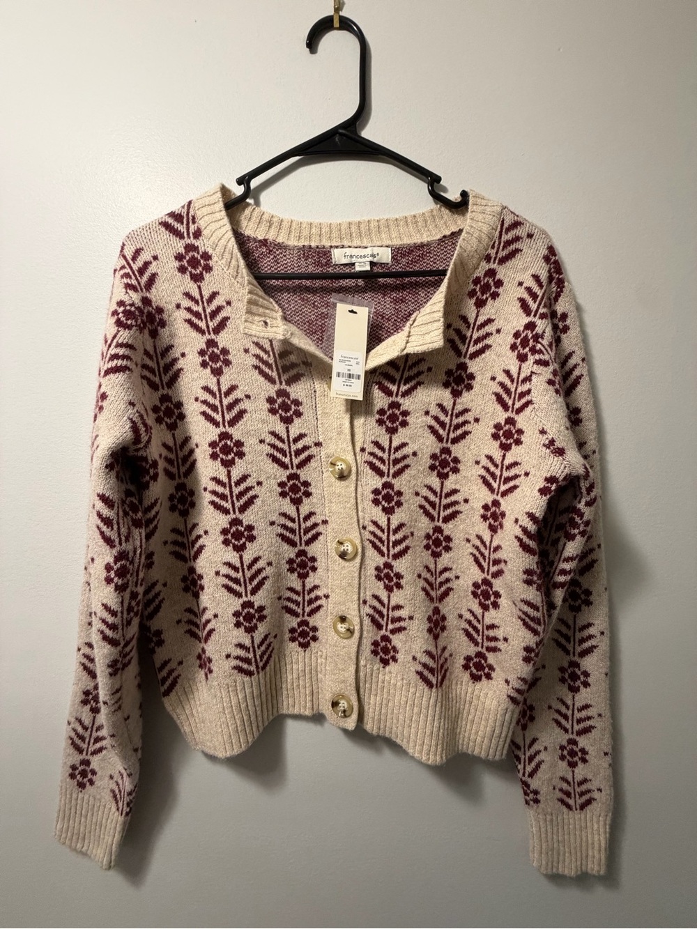 Francesca's Collections Cream Cardigan with Burgundy Floral Motif